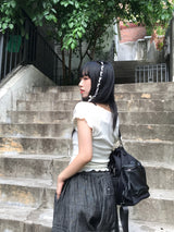 romantic lovely ribbon choker frill ribbed T-shirt