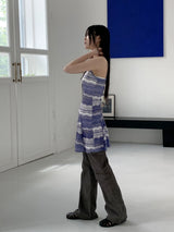 ブルーシービンテージグラディエントパターンフレアノースリーブミニワンピース / Blue Sea Vintage Gradient Pattern Flare Sleeveless Mini Dress