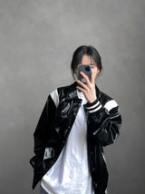 ASCLO Shine Leather Varsity Jacket (3color) (6687744884854)
