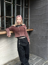 grunge washing off-shoulder crop two-way zip-up
