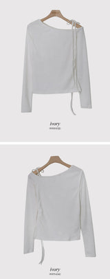 片面オフショルダーシャーリングTシャツ(5color)