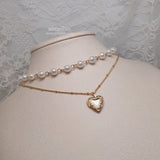  Heart Locket Layered Pearl Choker Necklace - Gold ver. (STAYC Seeun, Billlie Sheon Necklace)