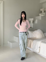 Washed Pocket Cargo Light Blue Long Wide Denim Pants