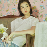 レース リボン パフ ブラウス / [LINE] Lace Ribbon Puff Blouse