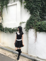 romantic lovely ribbon choker frill ribbed T-shirt
