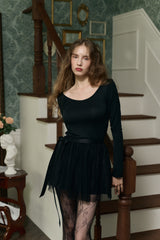 Nostalgia U neck T Shirt (&Off shoulder) - Black