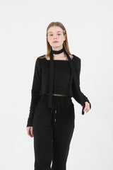 Square Neck Fur Knit T-shirt Muffler Set Black