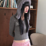 Keta Y2K リブ刺繍ファーパーカー長袖ジップアップカーディガン
