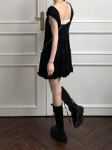 ウィロンシフォンキャップスリーブボタンプリーツフレアミニワンピース / Willon Chiffon Cap Sleeve Button Pleated Flare Mini One Piece