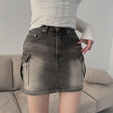 Gray cargo denim mini skirt