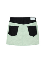 アシメトリックボタンミニスカート / ASYMMETRIC BUTTON MINI SKIRT (MIXED FABRIC)