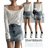 [Short, Basic/S-2XL] Padded vintage washing denim mini-skirt