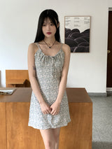 ルーツフラワーシャーリングリボンキャミミニワンピース / Roots Flower Shirring Ribbon Sleeveless Mini One Piece