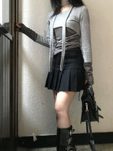 High-Waist Cutting Damage Pleated Skirt