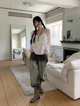 ウィサーウォッシングロングワイドデニムパンツ/ Whiser Washing Long Wide Denim Pants