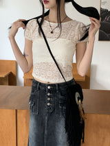 レイヤードシースルーレースパフ半袖Tシャツ/Poel layered see-through lace puff short sleeve T-shirt