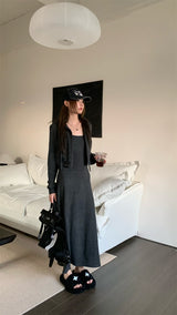 Charcoal hooded zip-up one-piece set