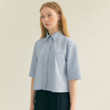 ストライプリンクルポケットクロップシャツ / Stripe Wrinkle Pocket Crop Shirt (Light blue)