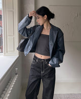 （UNISEX）グリッツボタンクロップレザーブルゾン