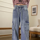 Turbin strap cargo pocket washing denim long wide pants