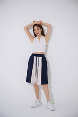 TOP(9354) Collar Half Zip Up Crop Sleeveless