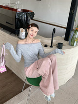 レースオフショルダー長袖Tシャツ