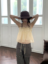 リンティーシフォンリネンフレアホルターリボンストラップノースリーブ / Linty chiffon linen flare holter ribbon strap sleeveless