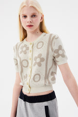 チェリージャカードパターンショートスリーブカーディガン / CHERRY JACQUARD PATTERN SHORT SLEEVE CARDIGAN [IVORY]