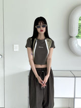 エンバースポーティ配色ラウンド半袖Tシャツ/ Enver sporty color matching round short-sleeved T-shirt