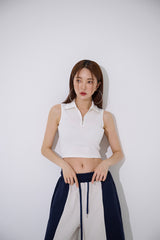 TOP(9354) Collar Half Zip Up Crop Sleeveless