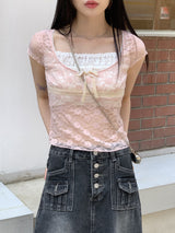 リワンピンクシースルーレースリボンスクエア半袖Tシャツ / Liwan Pink See-through Lace Ribbon Square Short Sleeve T-shirt