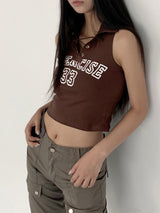 プリント アイレット コルセット カラー ブラウン クロップドスリーブレス/Sez Printing Eyelet Corset Collar Brown Cropped Sleeveless