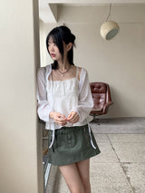 ブレナハートストラップボタンレースクロップドノースリーブブラウス / Blena Heart Strap Button Lace Cropped Sleeveless Blouse