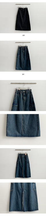 Lanca Back Slit Cargo Denim Long Skirt