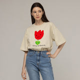 ドローイングフラワースマイルショートスリーブTシャツ/Drawing Red Flower Smile Short Sleeve Tee