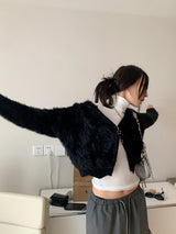Angora hood knit zip-up