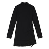 Shirring High-neck Mini Dress [BLACK] (6638395261046)
