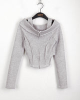 Tempt off-shoulder cut line ribbed crop zip-up