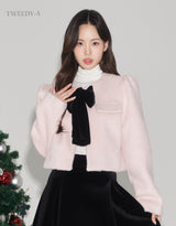 Rose Velvet Ribbon Point Quilted Fur Jacket Baby pink