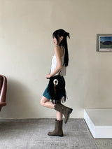 リウムプリーツシャーリングストリングノースリーブブラウス / Leeum pleated shirring string sleeveless blouse