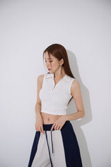 TOP(9354) Collar Half Zip Up Crop Sleeveless