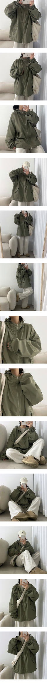 カーリングストリングハイネックウィンドブレーカーフードジップアップ / Couring String High-Neck Windbreaker Hooded Zip-Up