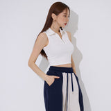 TOP(9354) Collar Half Zip Up Crop Sleeveless