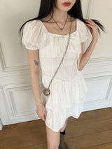 キュートストラップパフ半袖ミニワンピース / Cute Strap Puff Short Sleeve Mini Dress