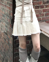 High-Waist Cutting Damage Pleated Skirt