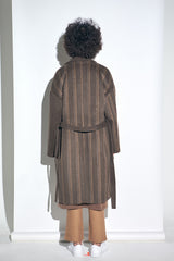 STRIPE COMBINATION WOOL ROBE COAT (Brown) / ストライプコンビネーションウールローブコート