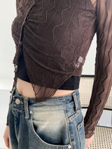 ルーティングウェーブシースルークロップ長袖ブラウス / Rooting wave see-through cropped long-sleeved blouse
