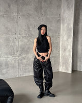 coated leather wide pants