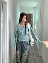 High knee ribbed V-neck semi-crop long-sleeve knit