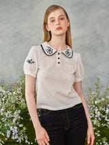 ブラックフラワーラウンドカラーニット / Black Flower Round Collar Knit